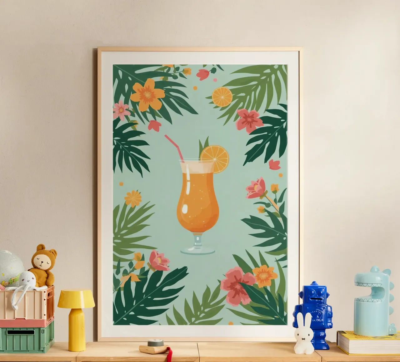 Bevanda all'arancia in bicchiere con fiori e foglie illustrazione poster con telaio in plastica da DesignDoodle