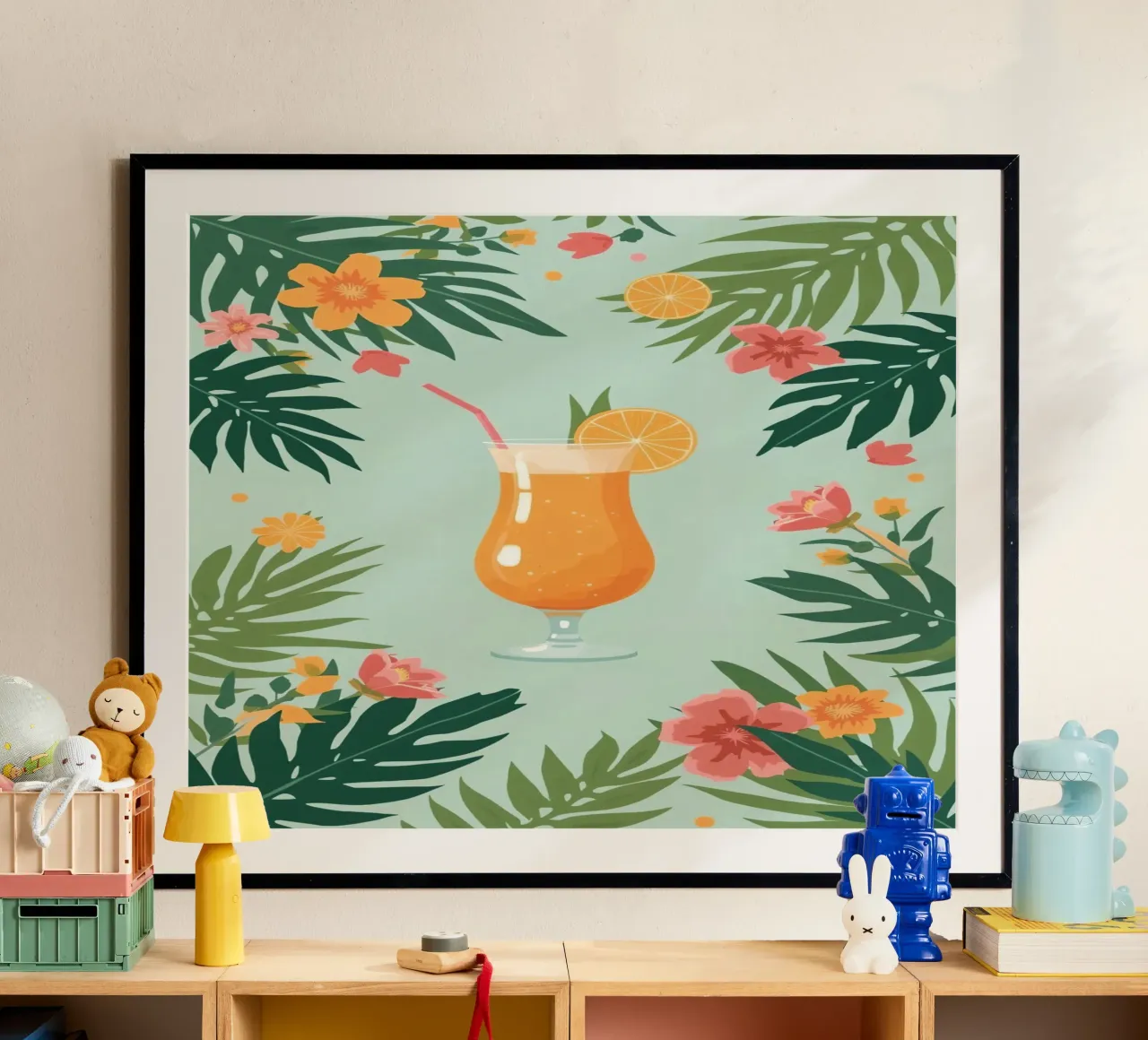 Bevanda all'arancia in bicchiere con fiori e foglie illustrazione poster con telaio in plastica da DesignDoodle
