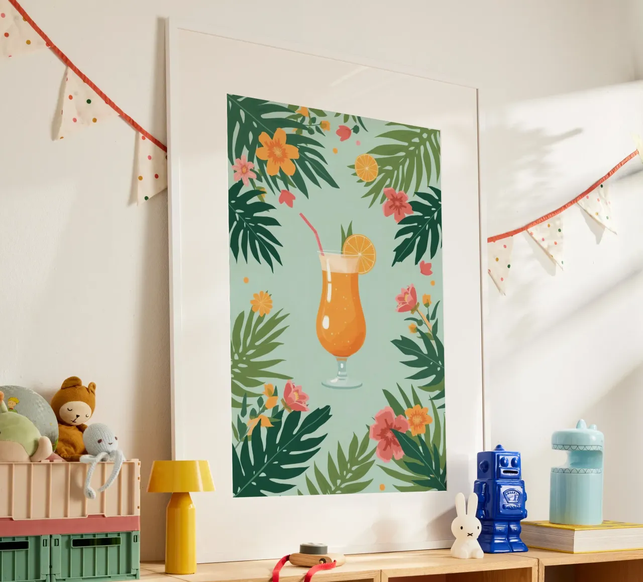 Bevanda all'arancia in bicchiere con fiori e foglie illustrazione poster con telaio in plastica da DesignDoodle