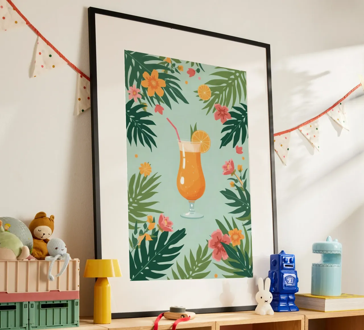 Bevanda all'arancia in bicchiere con fiori e foglie illustrazione poster con telaio in plastica da DesignDoodle