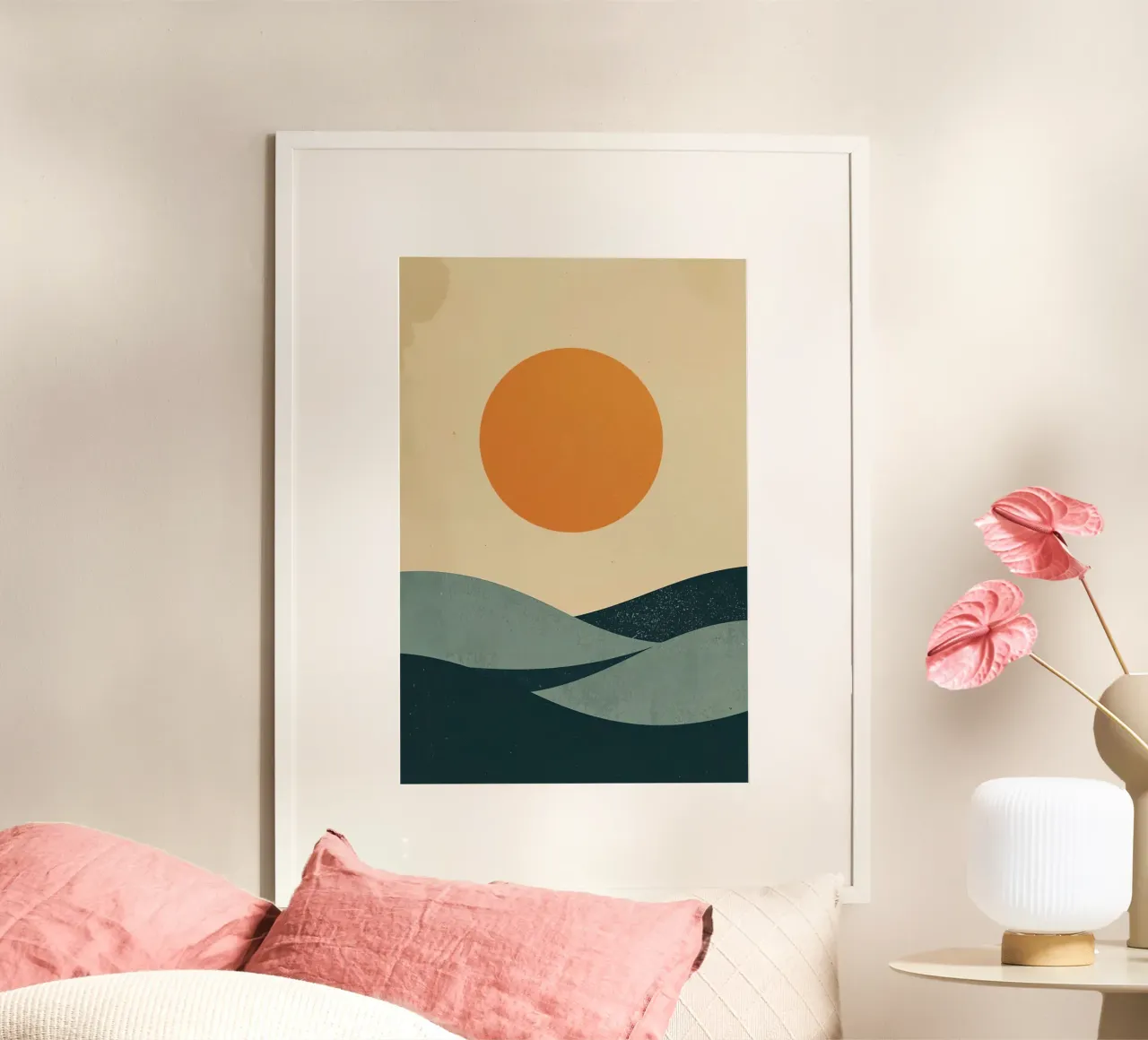 Sole arancione su colline verde acqua Digital Art poster con telaio in legno da DesignDoodle