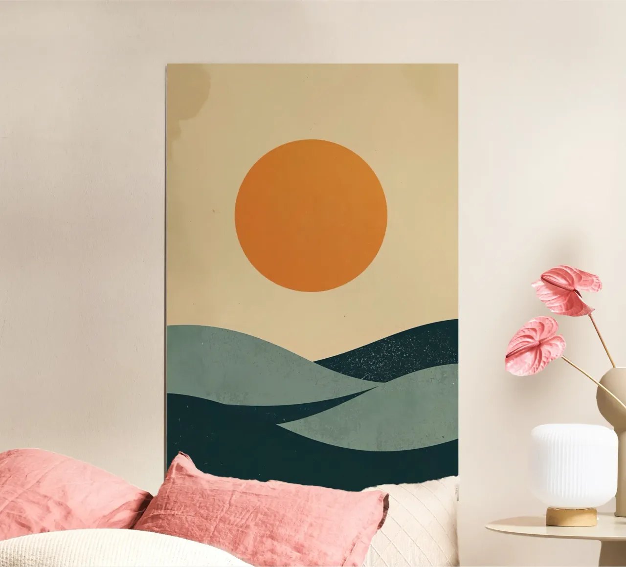 Sole arancione su colline verde acqua Digital Art poster con telaio in legno da DesignDoodle