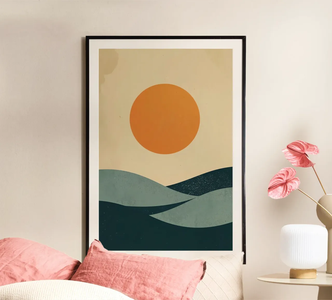 Sole arancione su colline verde acqua Digital Art poster con telaio in legno da DesignDoodle