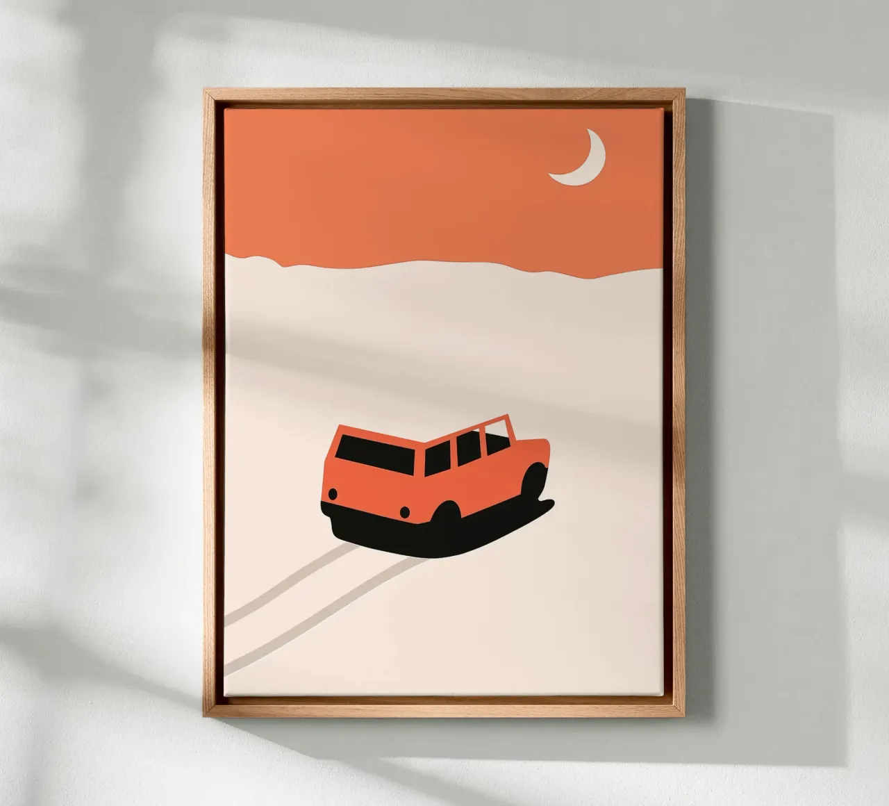 Orange Car Minimalist Landscape Illustration canvas with Floater frame by Maria Maier