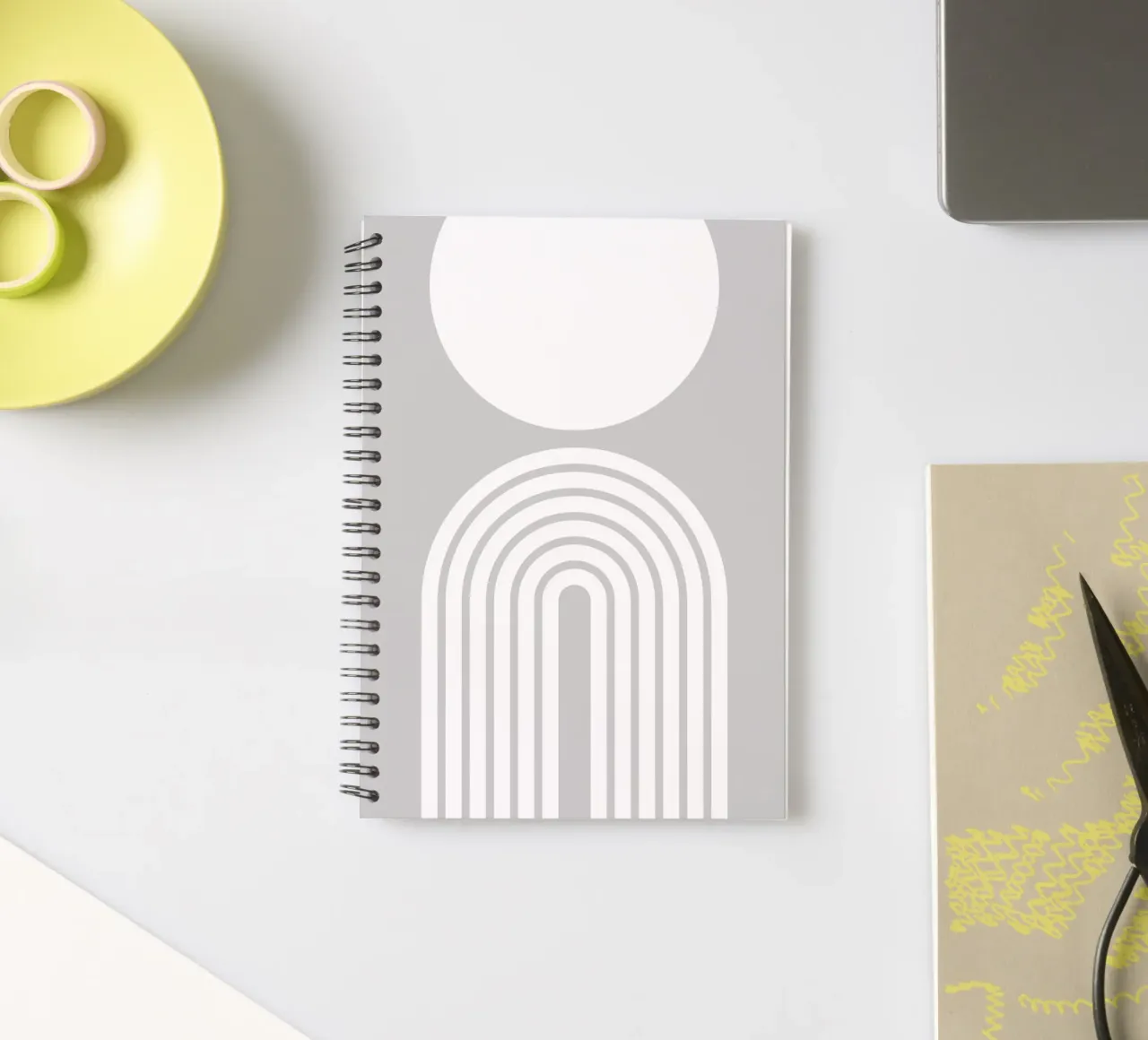 Minimalist Geometric Bold Arch and Circle | White on Grey spiral notebook by Beauty in Simplicity