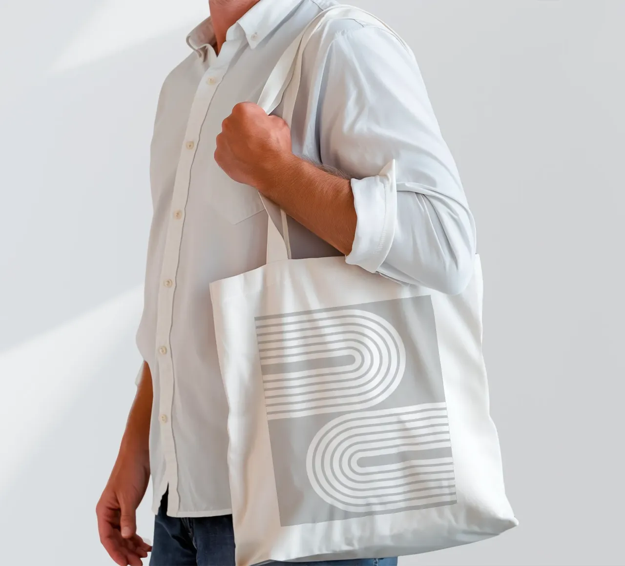 Archi geometrici minimalisti a strisce bianche su grigio chiaro borsa in juta da Beauty in Simplicity