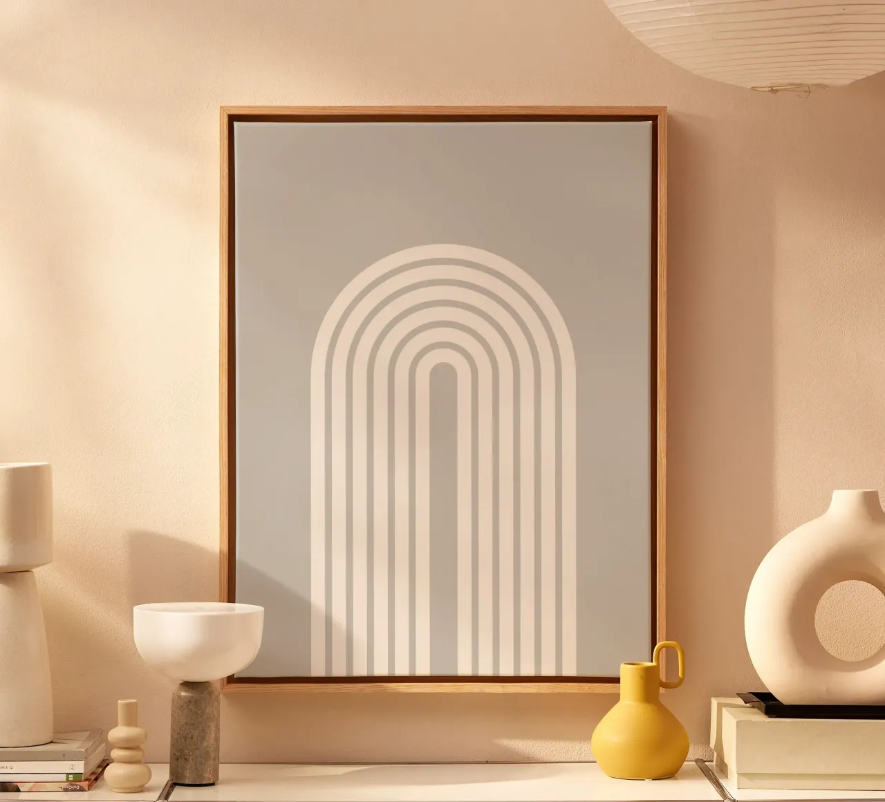 Minimal Geometrische Vetgestreepte Boog | Wit op Lichtgrijs canvas met Baklijst van Beauty in Simplicity