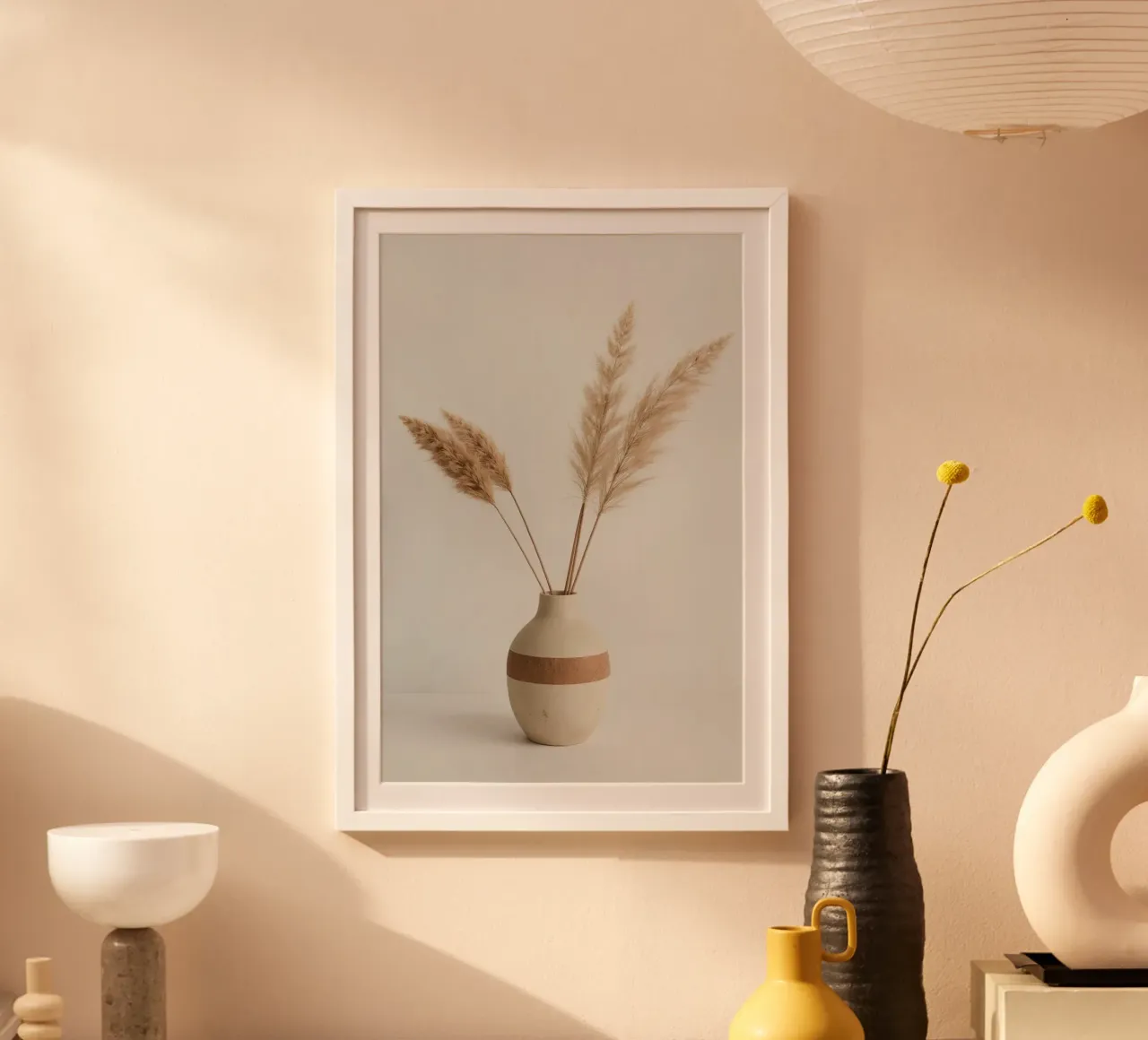 Erba della pampa in vaso a righe su superficie bianca poster da DesignDoodle
