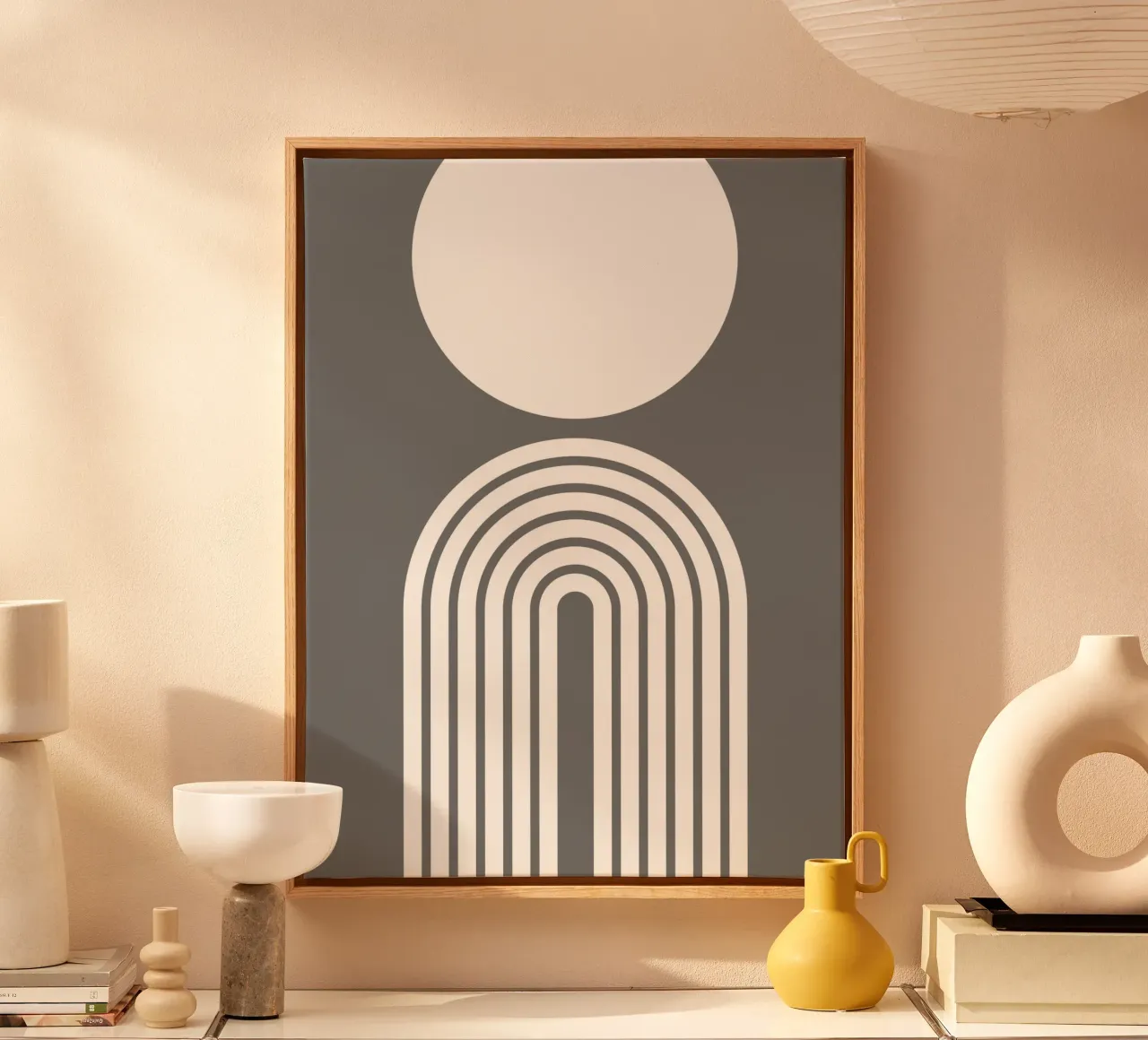 Minimalist Geometric Arch and Circle | White on Dark Grey canvas with Floater frame by Beauty in Simplicity