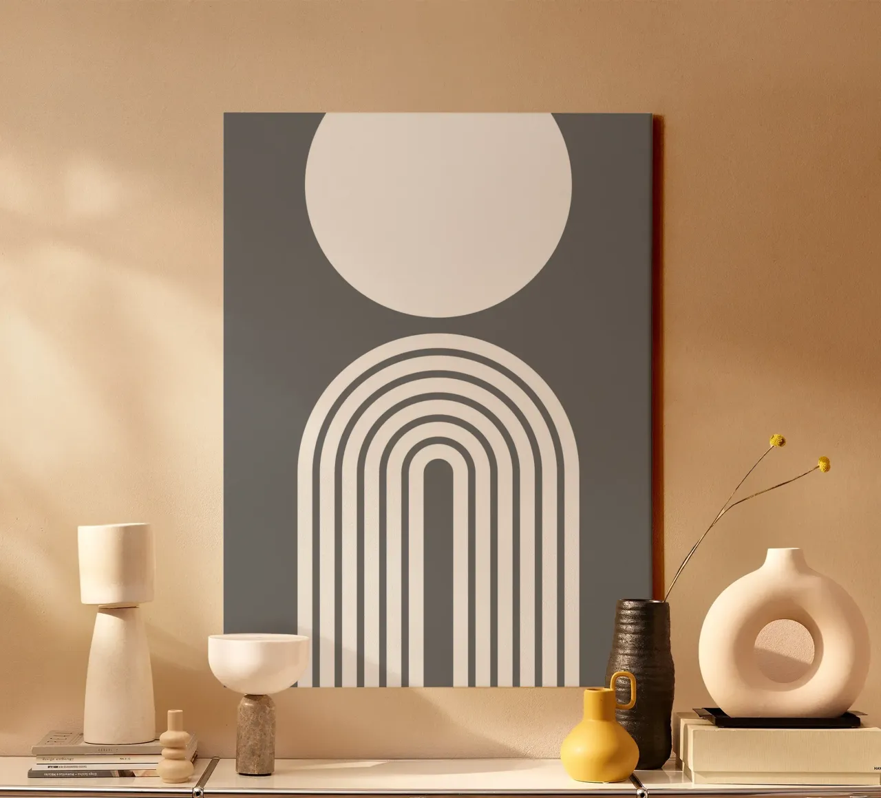Minimalist Geometric Arch and Circle | White on Dark Grey canvas with Floater frame by Beauty in Simplicity