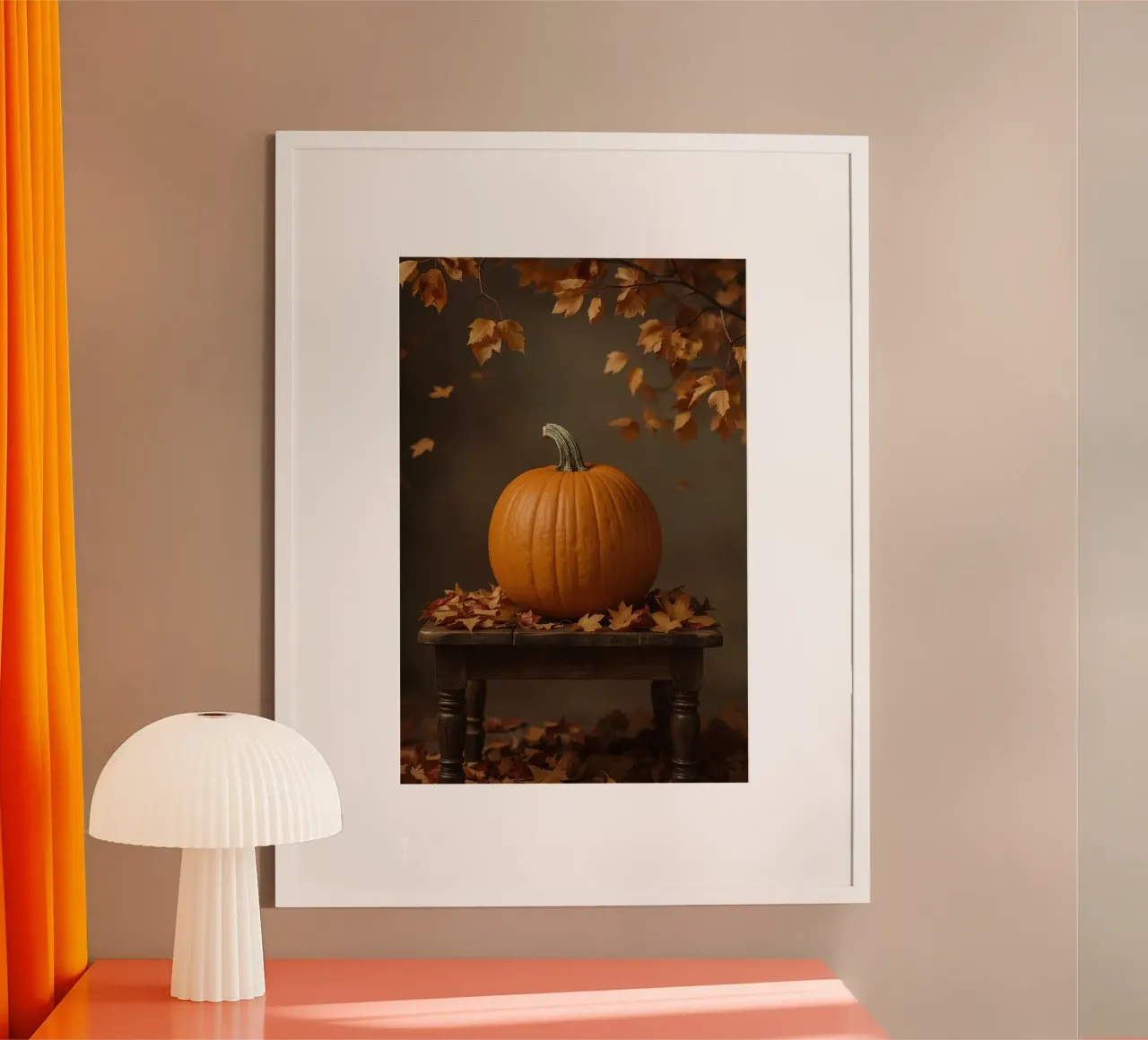 Zucca sul tavolo con foglie d'autunno poster con telaio in legno da DesignDoodle