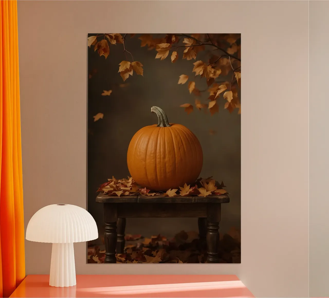 Zucca sul tavolo con foglie d'autunno poster con telaio in legno da DesignDoodle