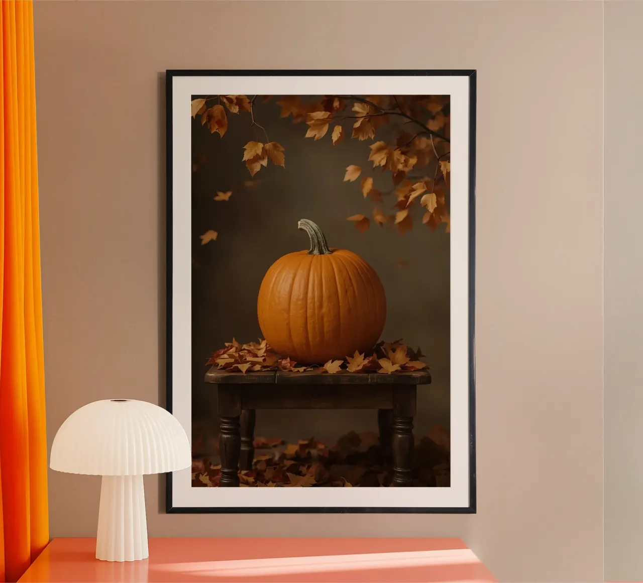 Zucca sul tavolo con foglie d'autunno poster con telaio in legno da DesignDoodle