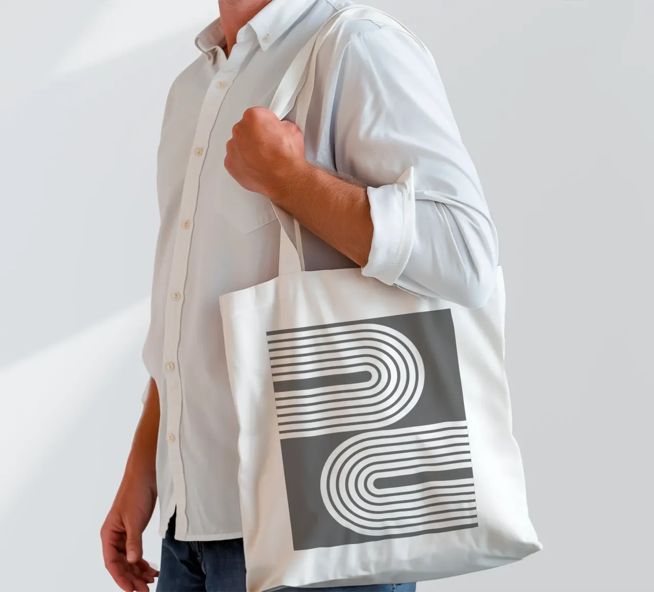 Archi geometrici minimalisti a strisce bianche su grigio scuro borsa in juta da Beauty in Simplicity