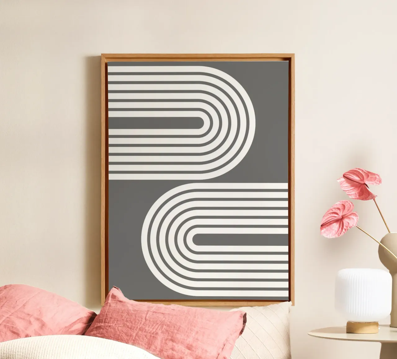 Minimalistische Geometrische Gestreepte Bogen | Wit op Donkergrijs canvas met Baklijst van Beauty in Simplicity