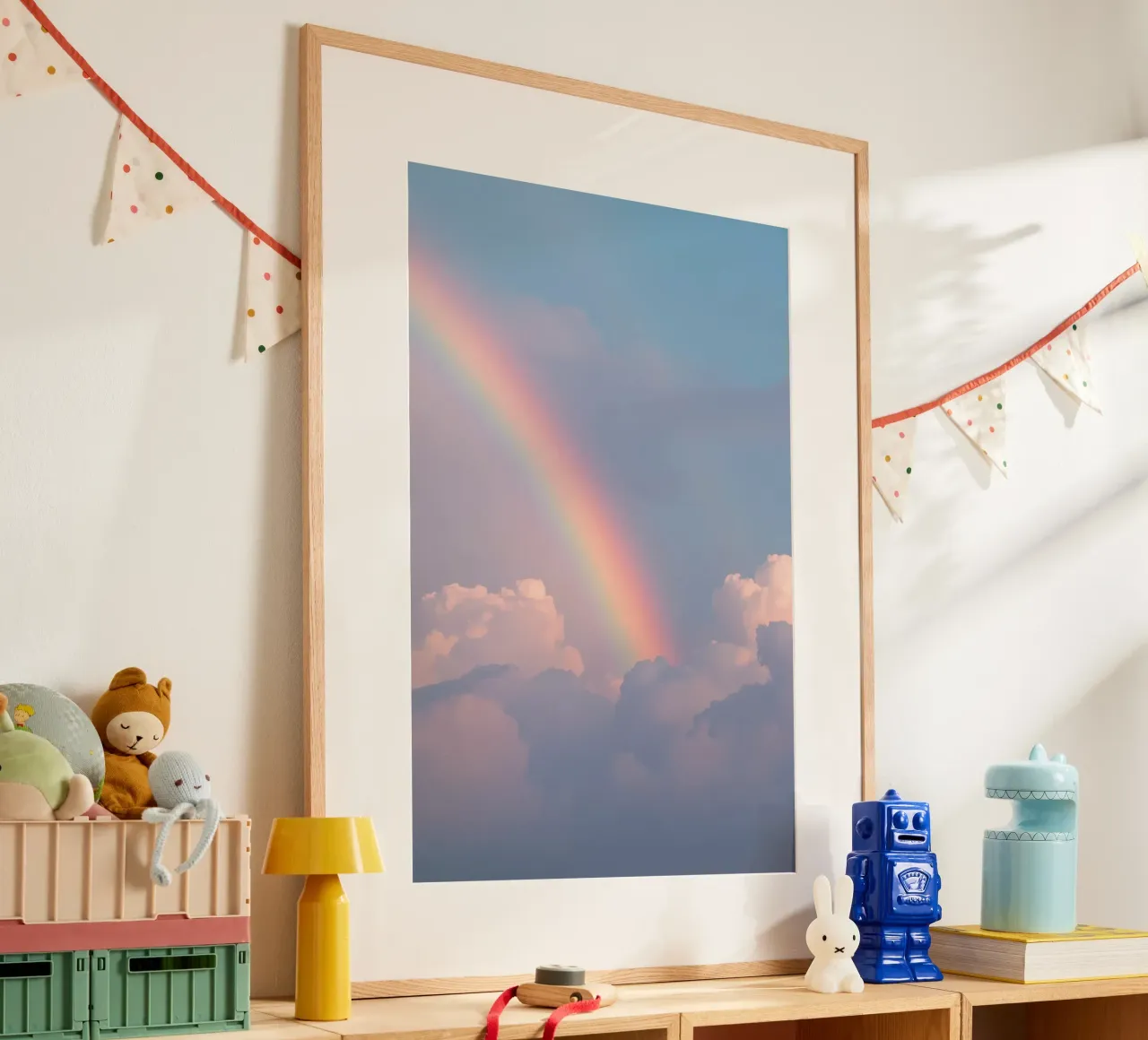 Arcobaleno sopra le nuvole rosa nel cielo blu poster con telaio in alluminio da DesignDoodle