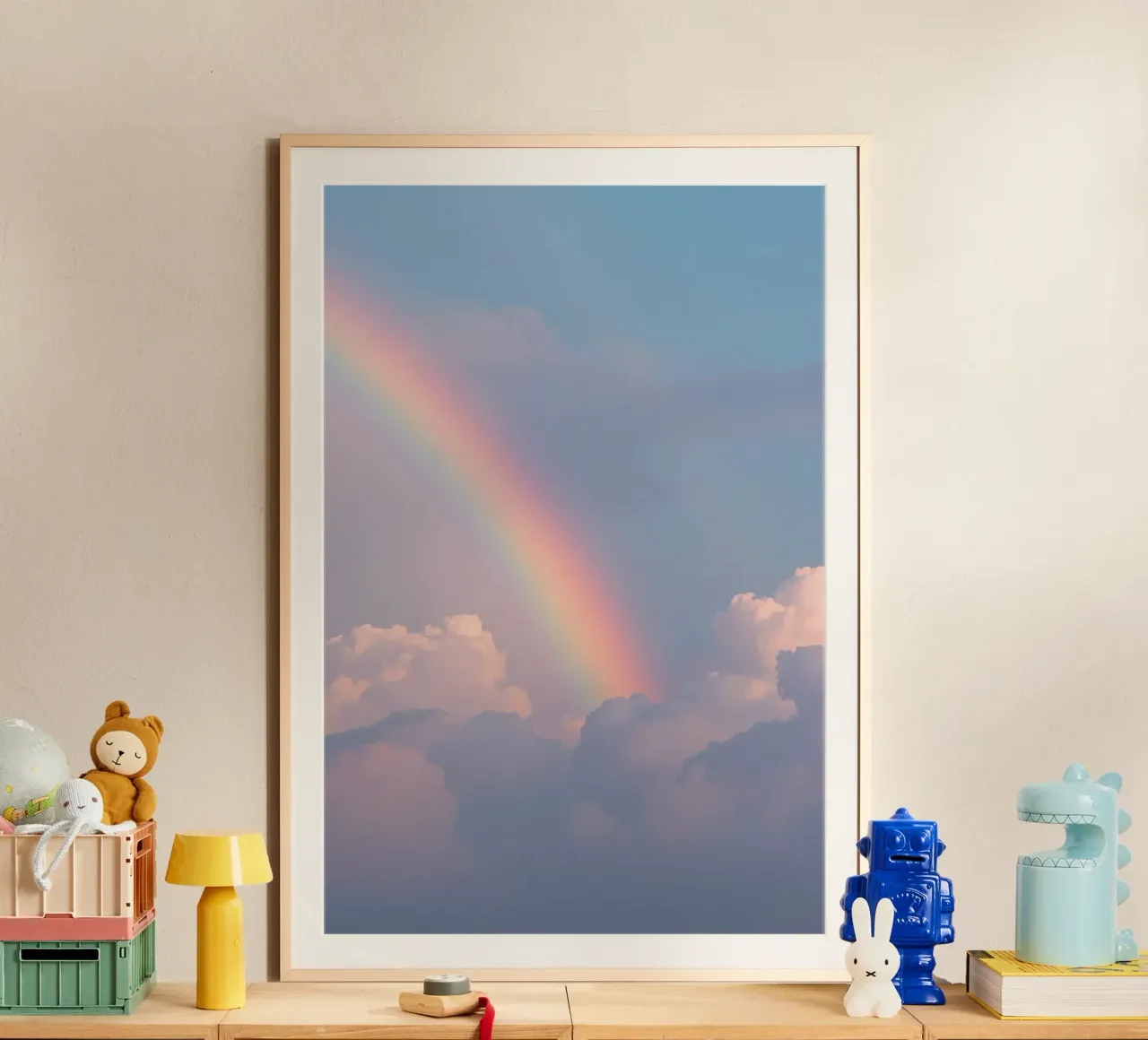 Arcobaleno sopra le nuvole rosa nel cielo blu poster con telaio in alluminio da DesignDoodle