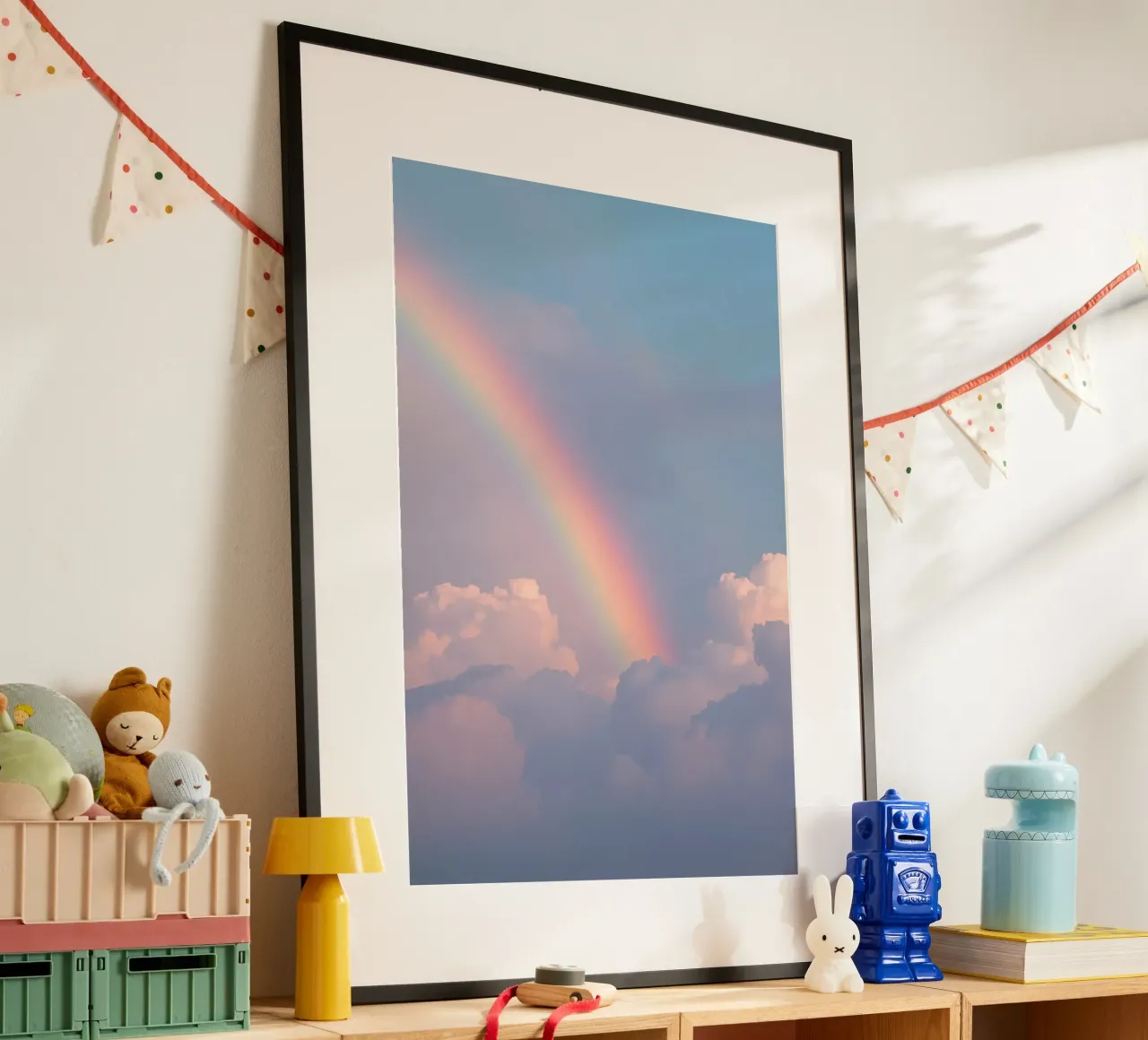 Arcobaleno sopra le nuvole rosa nel cielo blu poster con telaio in alluminio da DesignDoodle