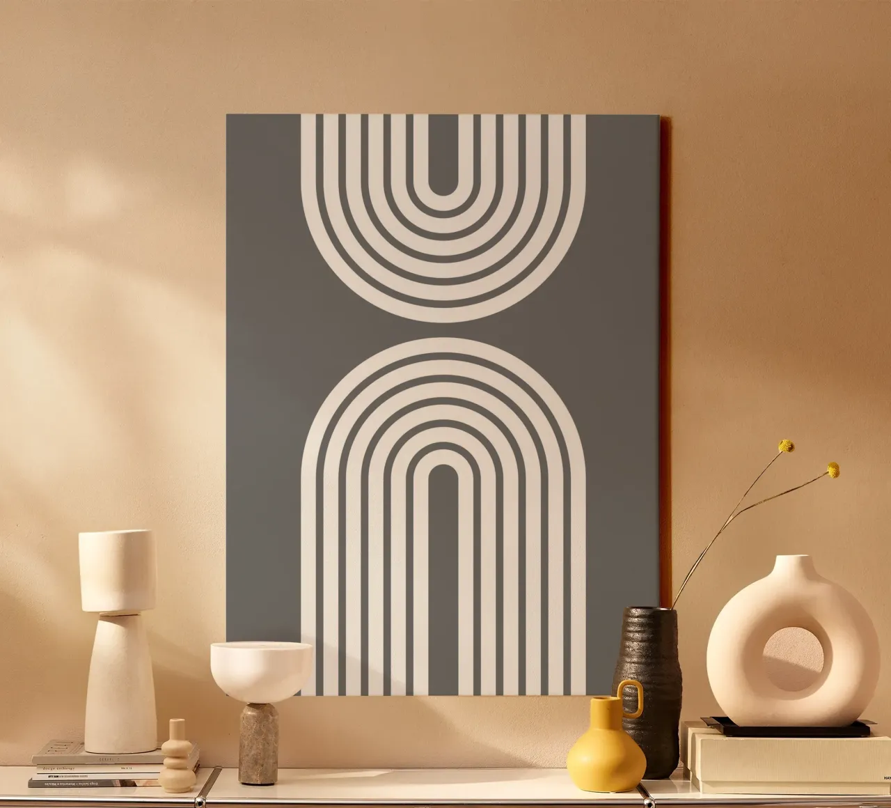 Minimalistische Geometrische Vette Bogen 2 | Wit op Donkergrijs canvas met Baklijst van Beauty in Simplicity