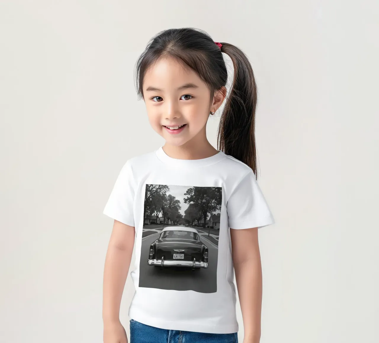 Vista posteriore di un'auto d'epoca su una strada in bianco e nero t-shirt bambini da DesignDoodle