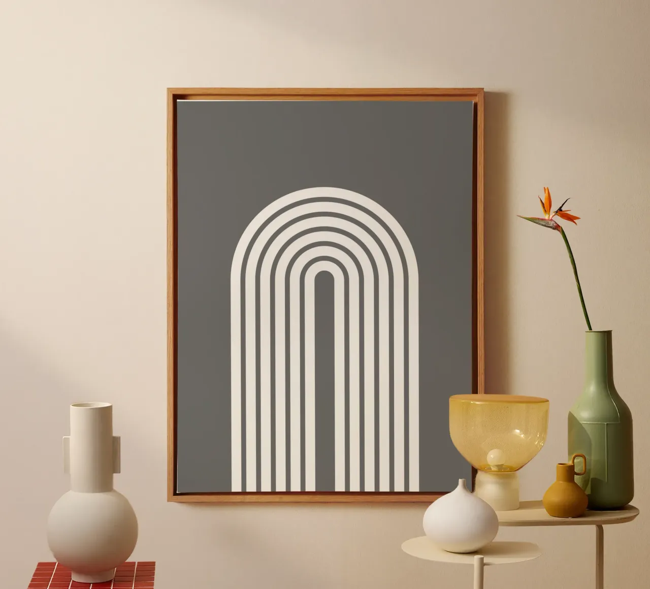 Minimale Geometrische Boog | Wit op Donkergrijs canvas met Baklijst van Beauty in Simplicity