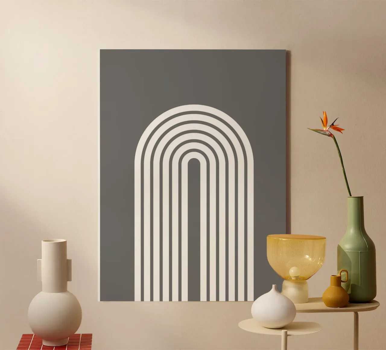Minimale Geometrische Boog | Wit op Donkergrijs canvas met Baklijst van Beauty in Simplicity