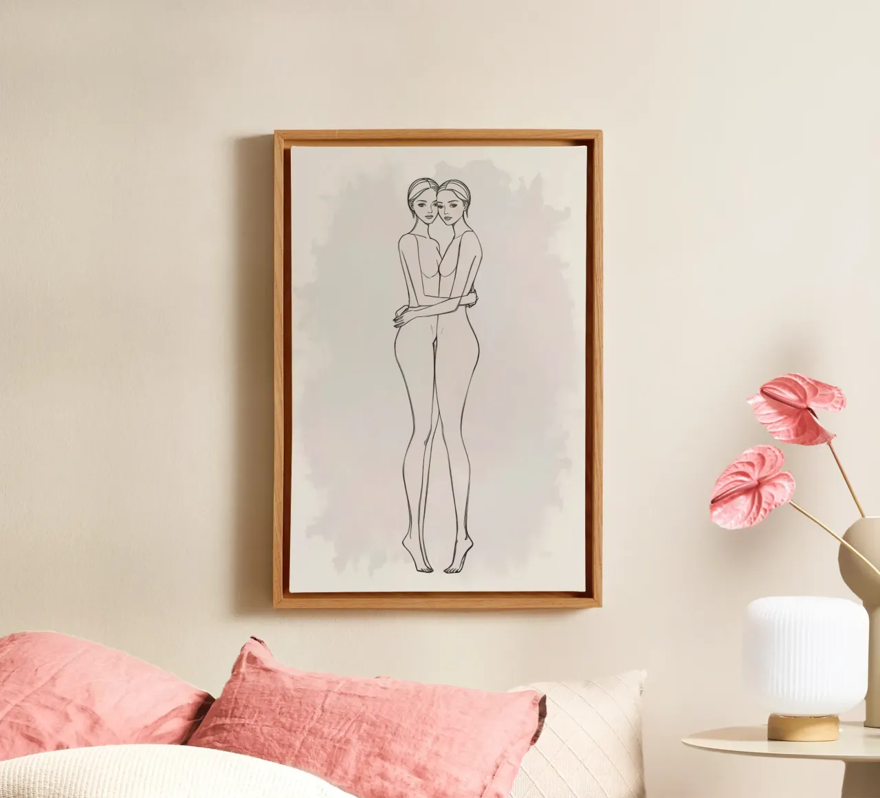 Dessin au trait de deux femmes s'embrassant toile avec Caisse américaine de DesignDoodle