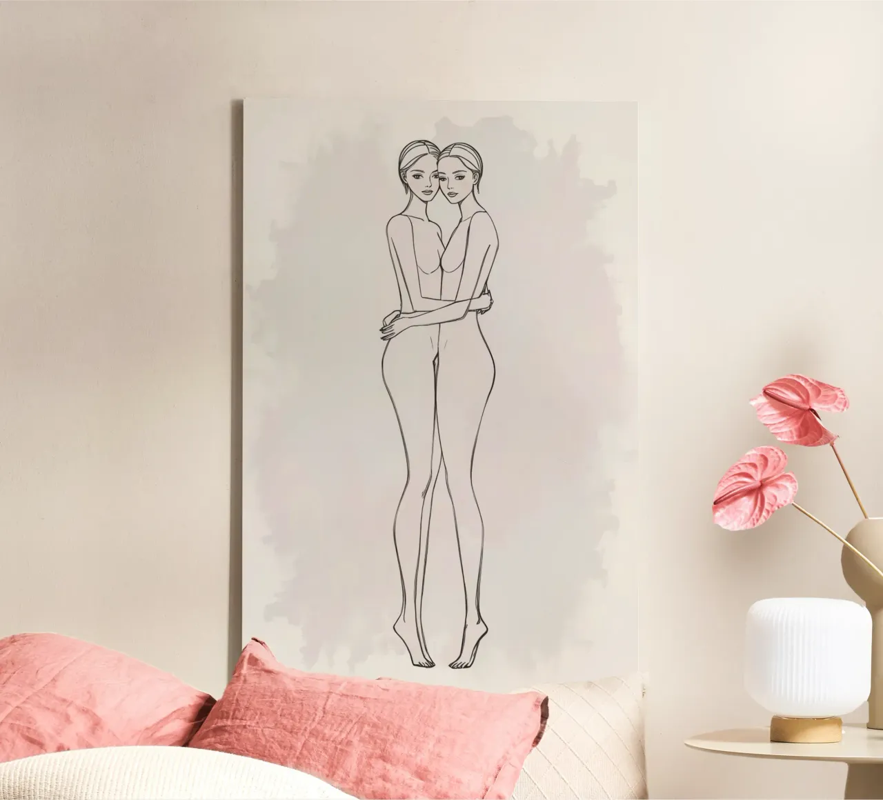 Dessin au trait de deux femmes s'embrassant toile avec Caisse américaine de DesignDoodle