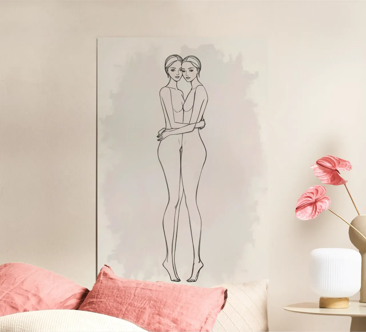 Disegno lineare di due donne che si abbracciano poster con telaio in plastica da DesignDoodle