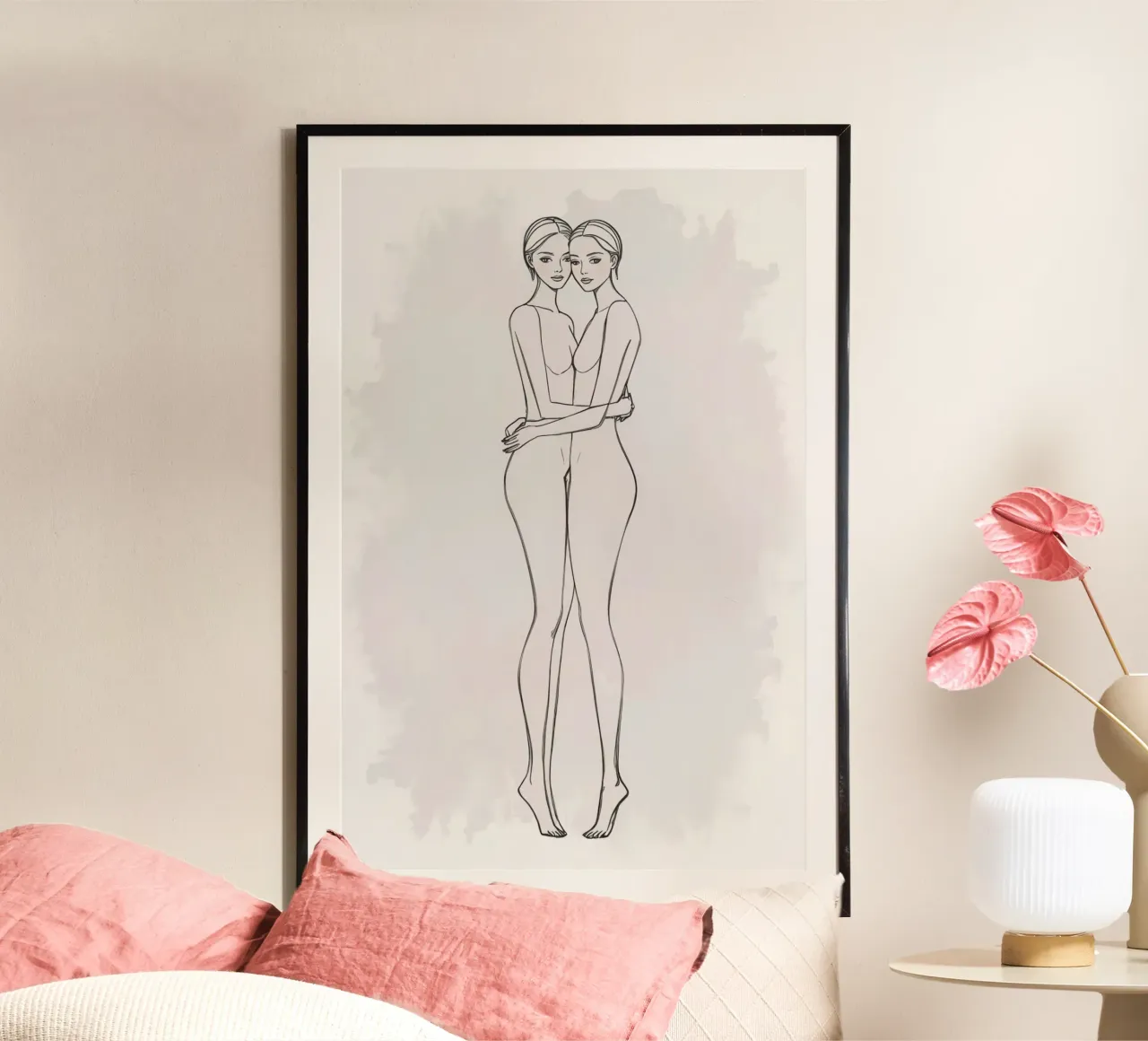 Disegno lineare di due donne che si abbracciano poster con telaio in plastica da DesignDoodle