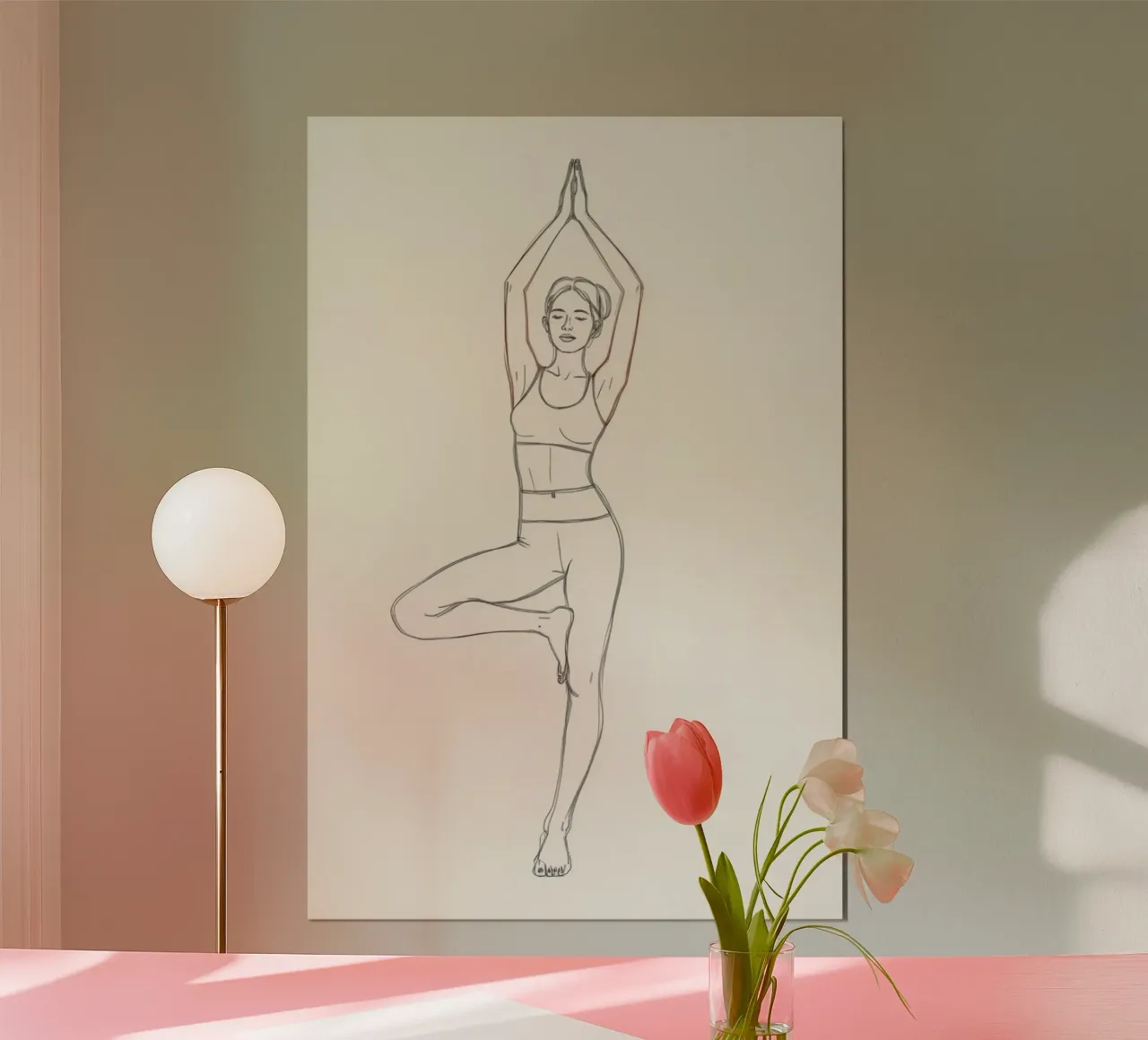 Line Drawing of Woman in Tree Yoga Pose Poster mit Kunststoffrahmen von DesignDoodle