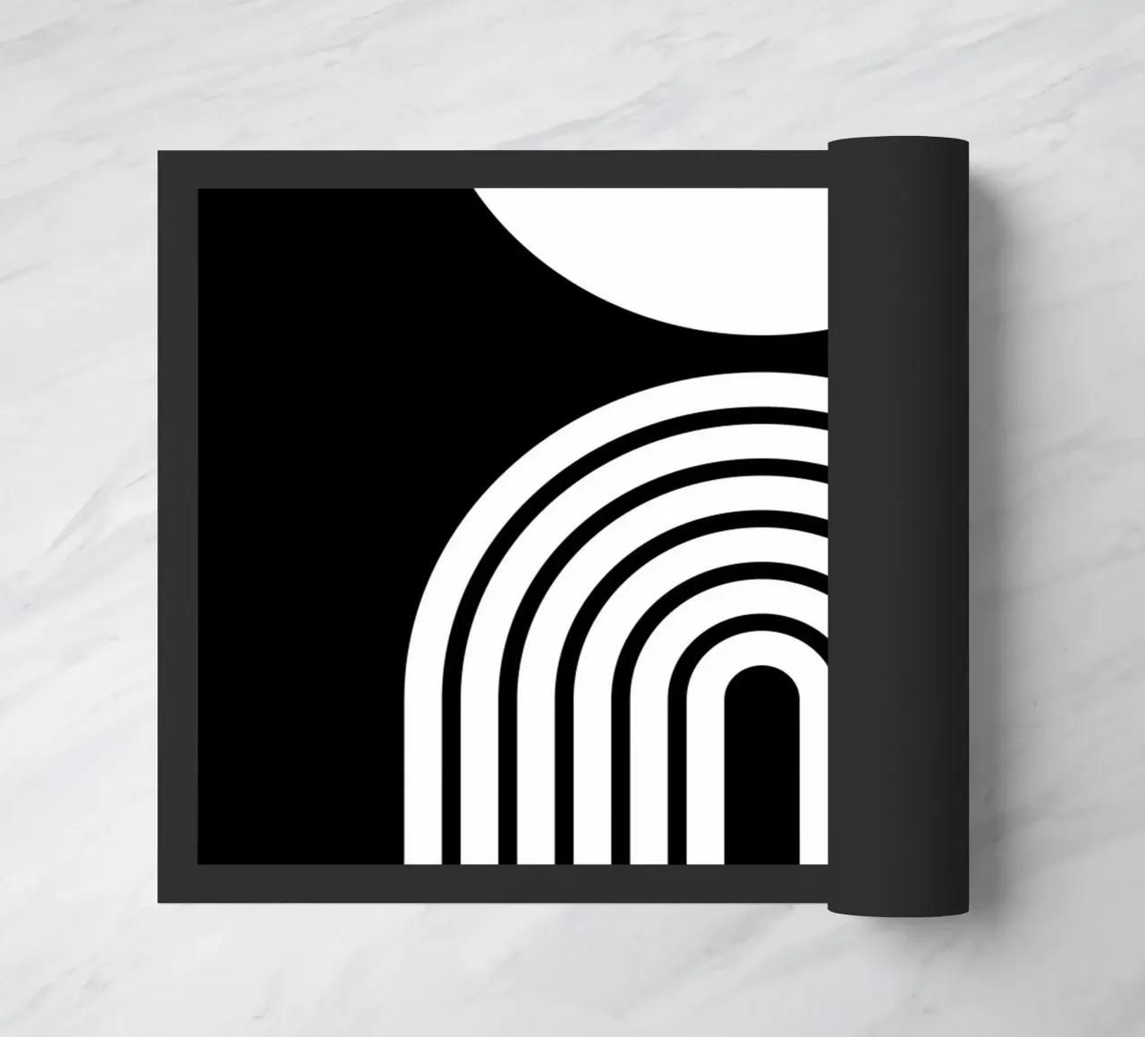 Arco e cerchio geometrico minimalista in grassetto bianco su nero zerbino da Beauty in Simplicity