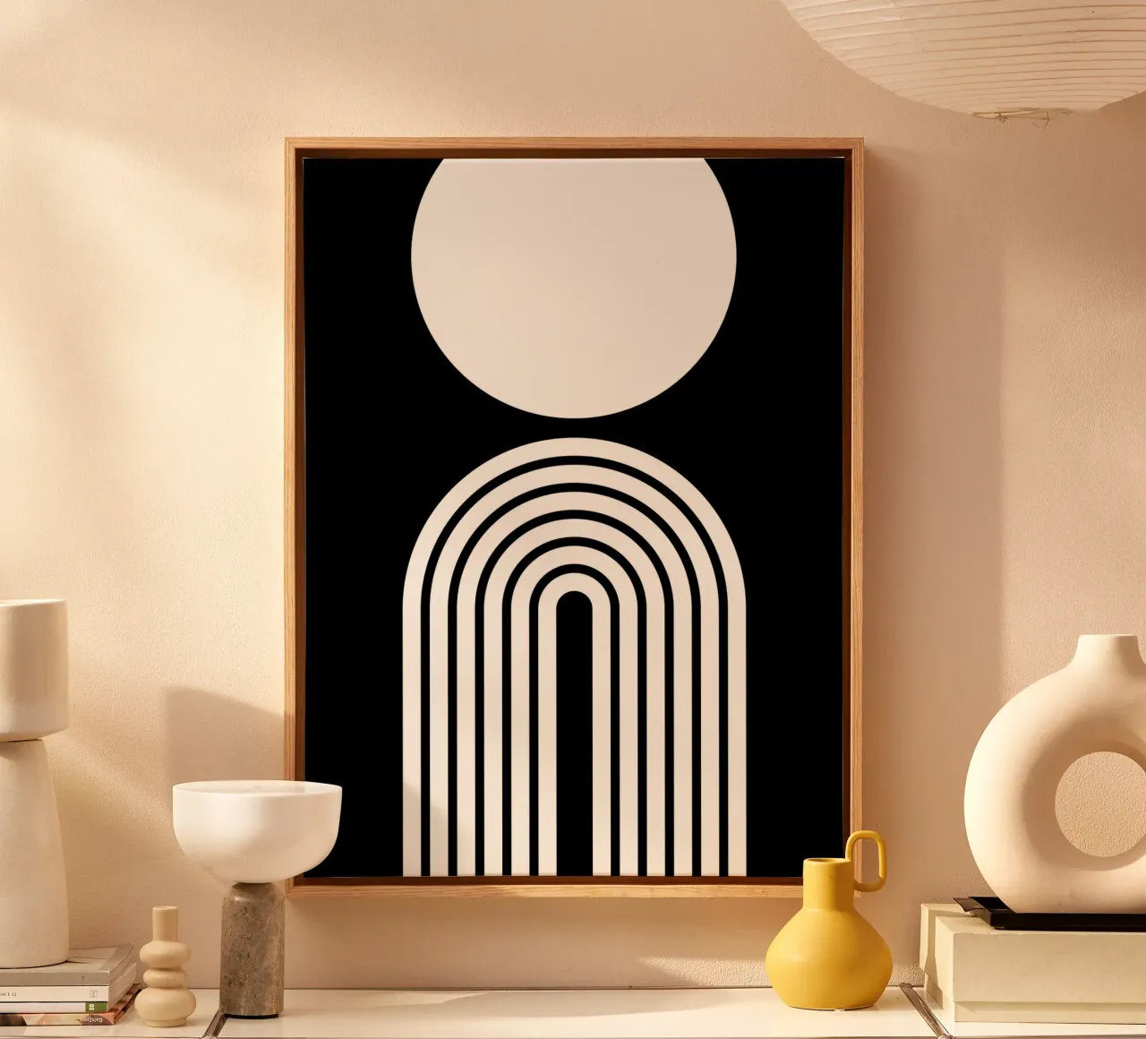Minimalist Geometric Bold Arch and Circle | White on Black canvas with Floater frame by Beauty in Simplicity