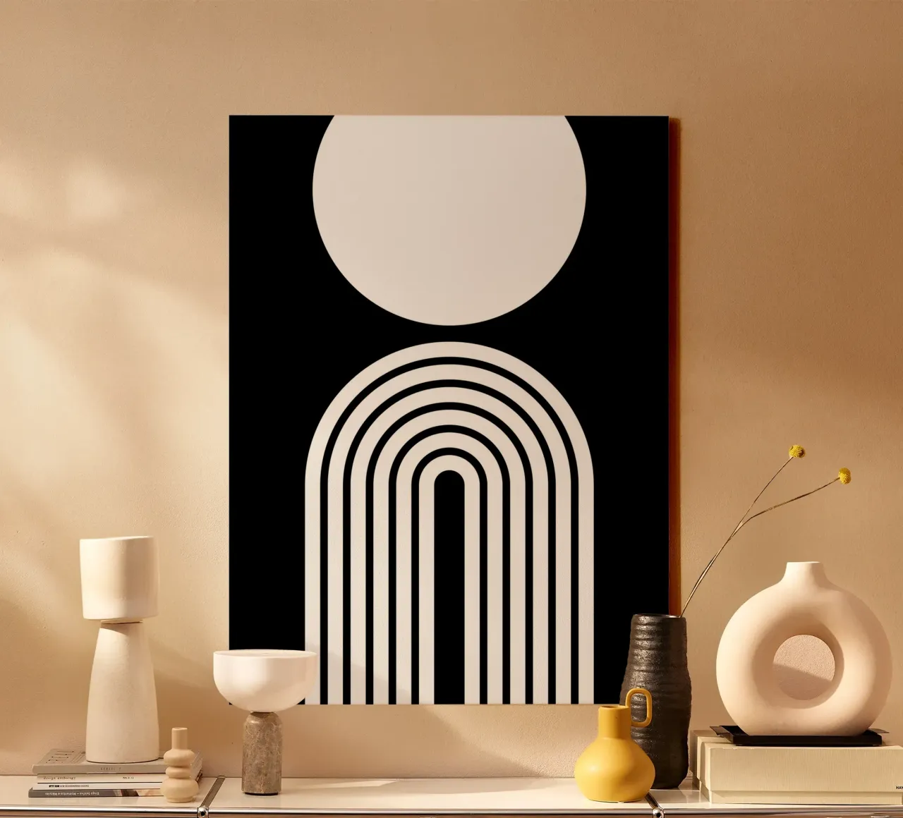 Minimalist Geometric Bold Arch and Circle | White on Black canvas with Floater frame by Beauty in Simplicity