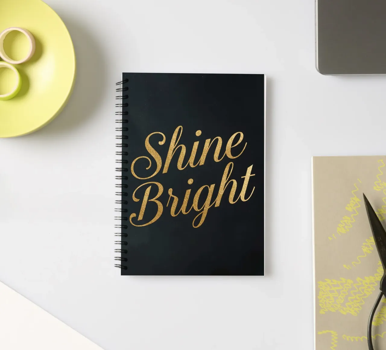 Tilted Golden "Shine Bright" Script on Dark Background spiral notebook by DesignDoodle