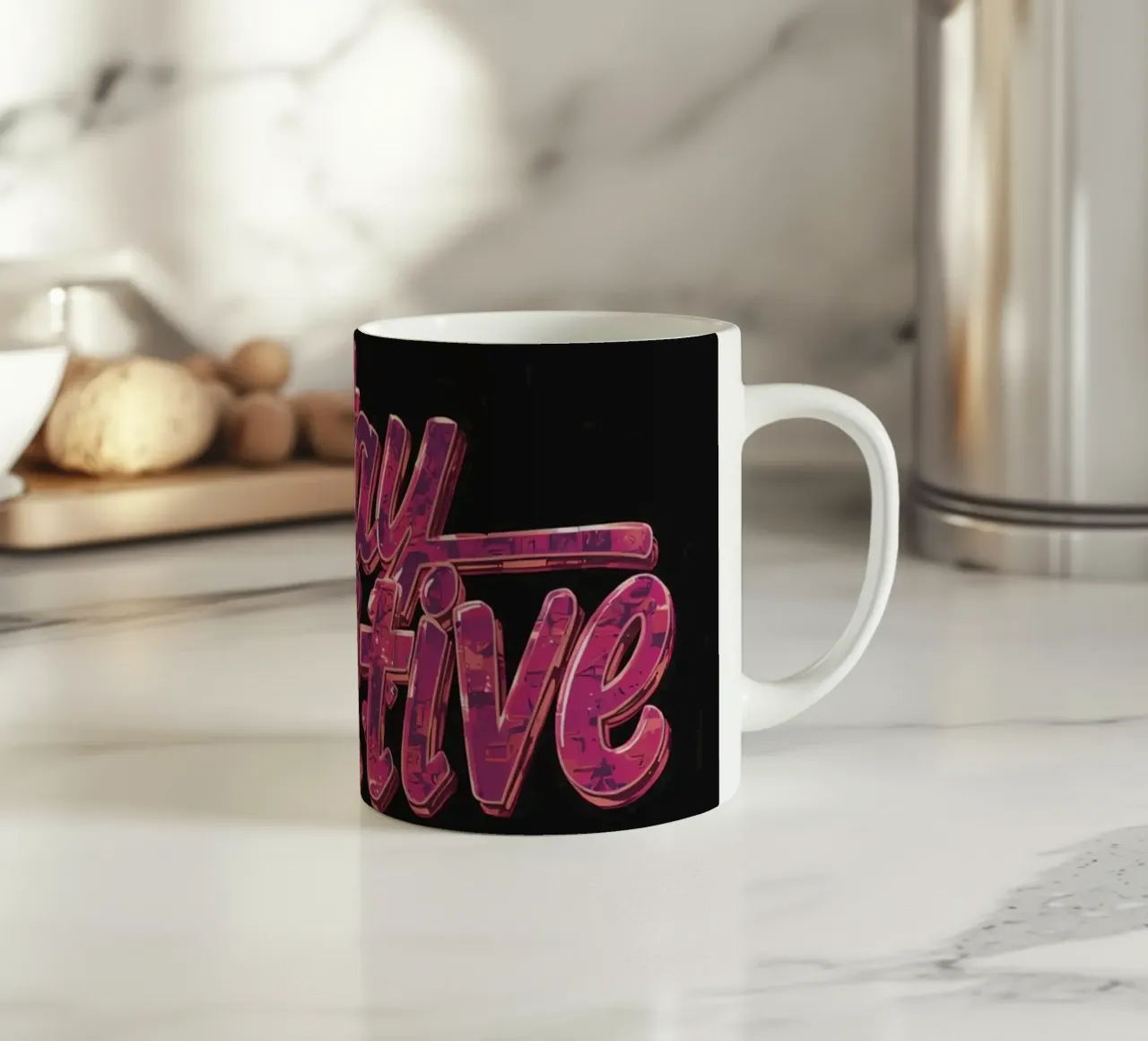 "Positiv bleiben" Glänzend strukturierter Text auf Schwarz Keramik Tasse von DesignDoodle