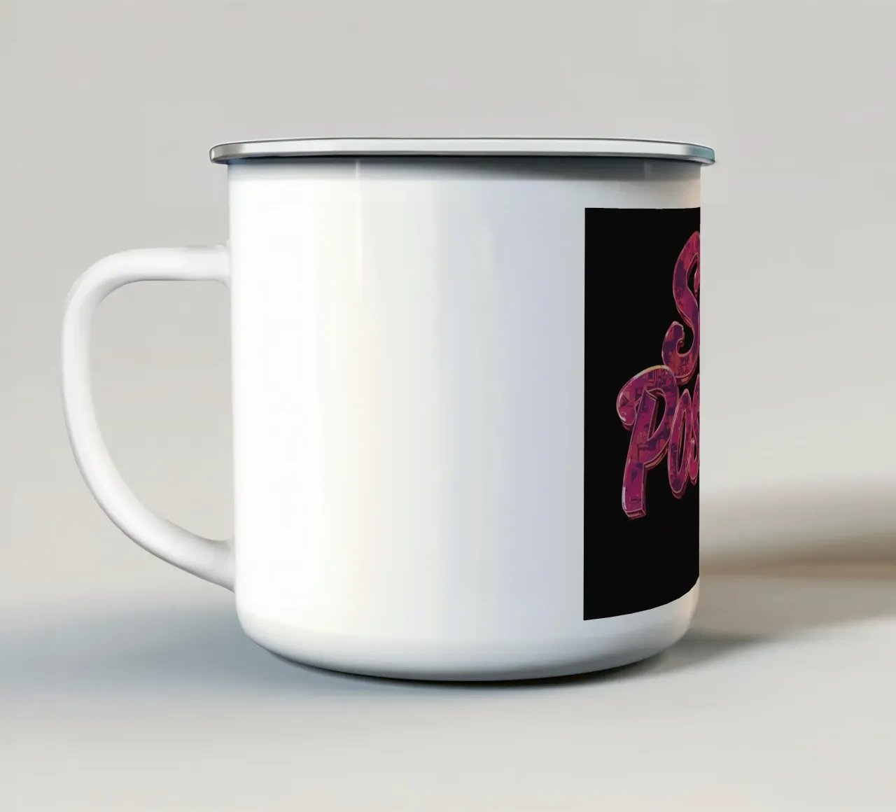 "Positiv bleiben" Glänzend strukturierter Text auf Schwarz Emaille Tasse von DesignDoodle