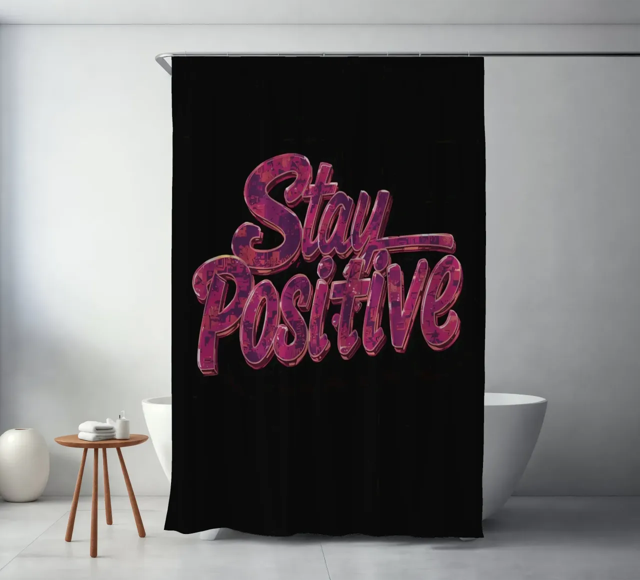 "Positiv bleiben" Glänzend strukturierter Text auf Schwarz Duschvorhang von DesignDoodle