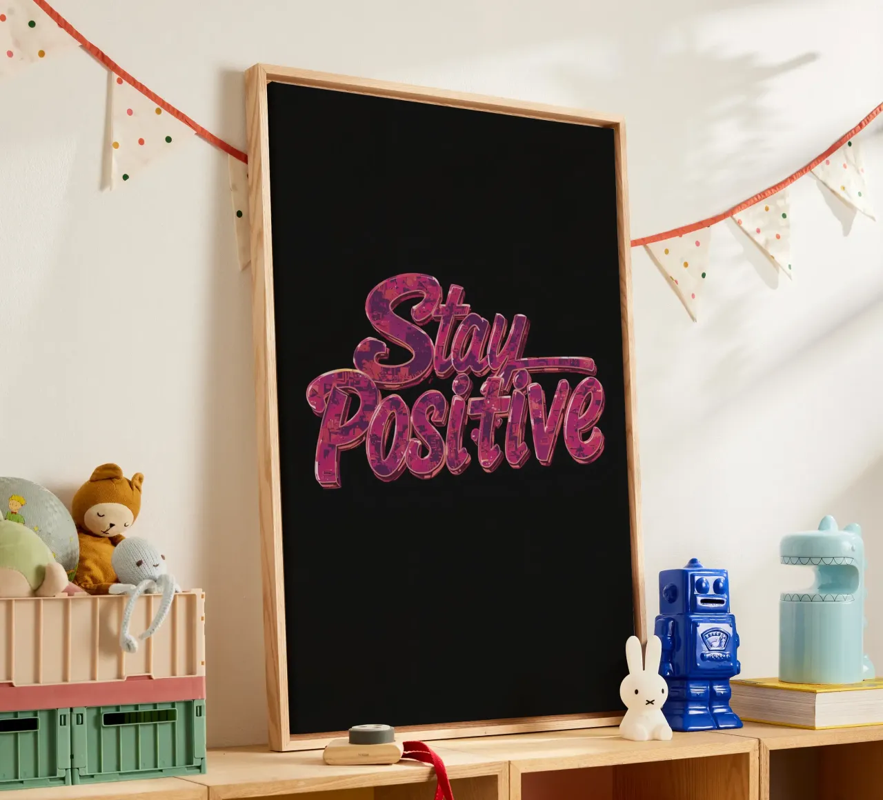 "Positiv bleiben" Glänzend strukturierter Text auf Schwarz Leinwand mit Schattenfugenrahmen von DesignDoodle