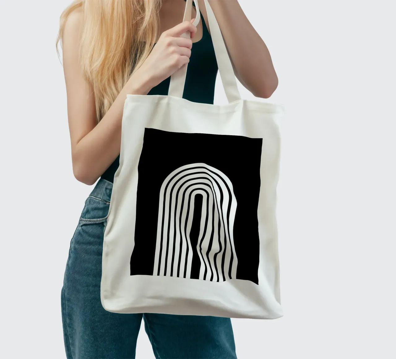 Arco geometrico minimale in grassetto bianco su nero borsa in juta da Beauty in Simplicity