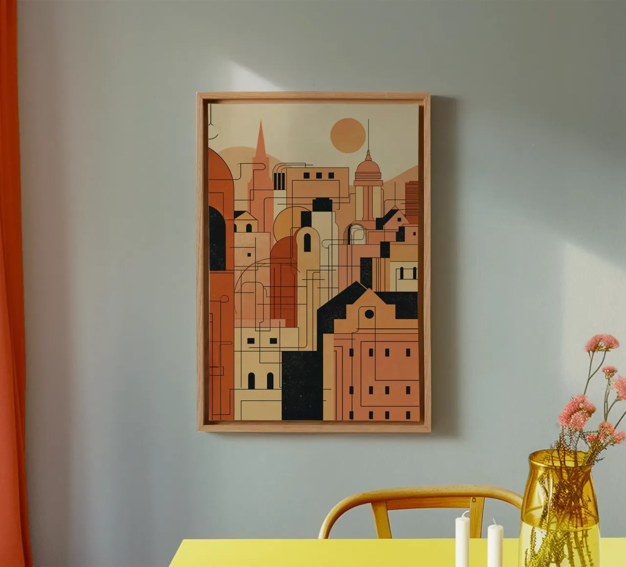 Illustration of Buildings and Structures with Orange Palette canvas with Floater frame by DesignDoodle
