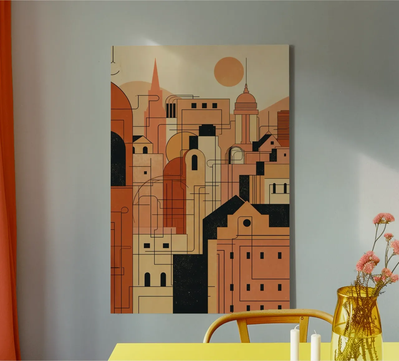 Illustration of Buildings and Structures with Orange Palette canvas with Floater frame by DesignDoodle
