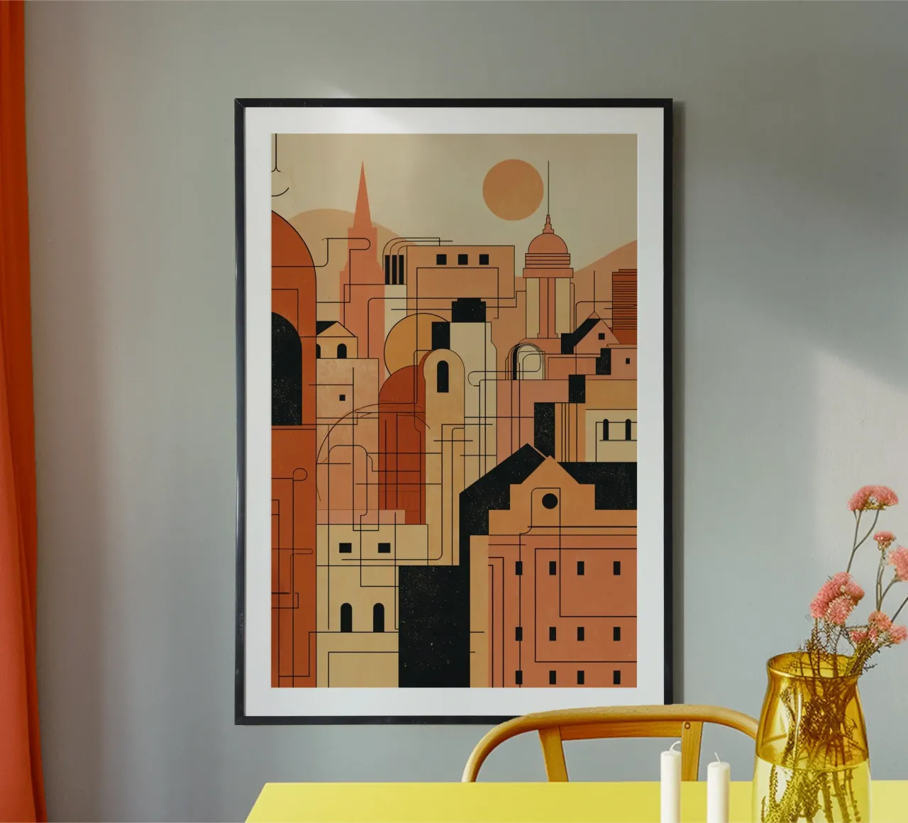 Illustration de bâtiments et de structures avec une palette orange poster de DesignDoodle