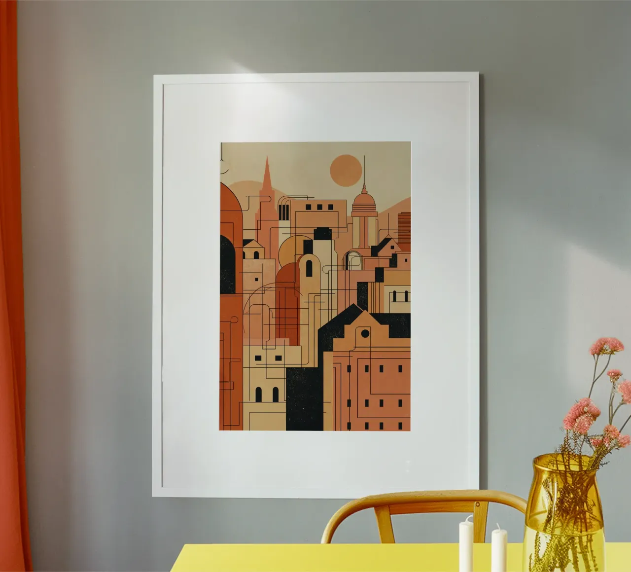 Illustration de bâtiments et de structures avec une palette orange poster de DesignDoodle