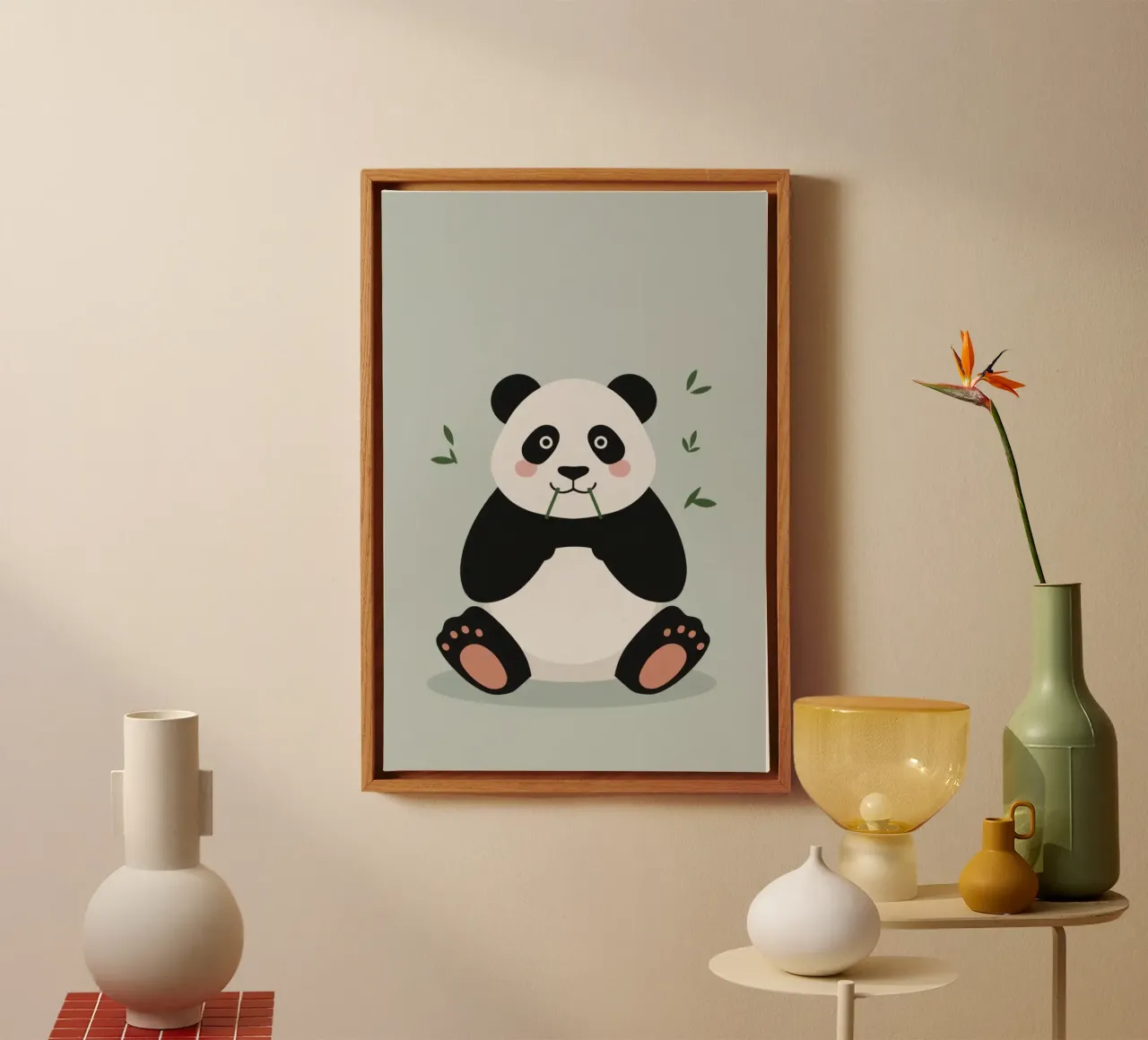 Panda with Bamboo on Gray-Green Background canvas with Floater frame by DesignDoodle
