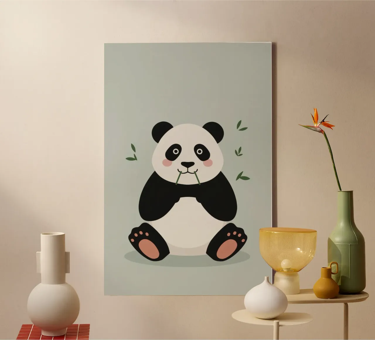 Panda with Bamboo on Gray-Green Background canvas with Floater frame by DesignDoodle