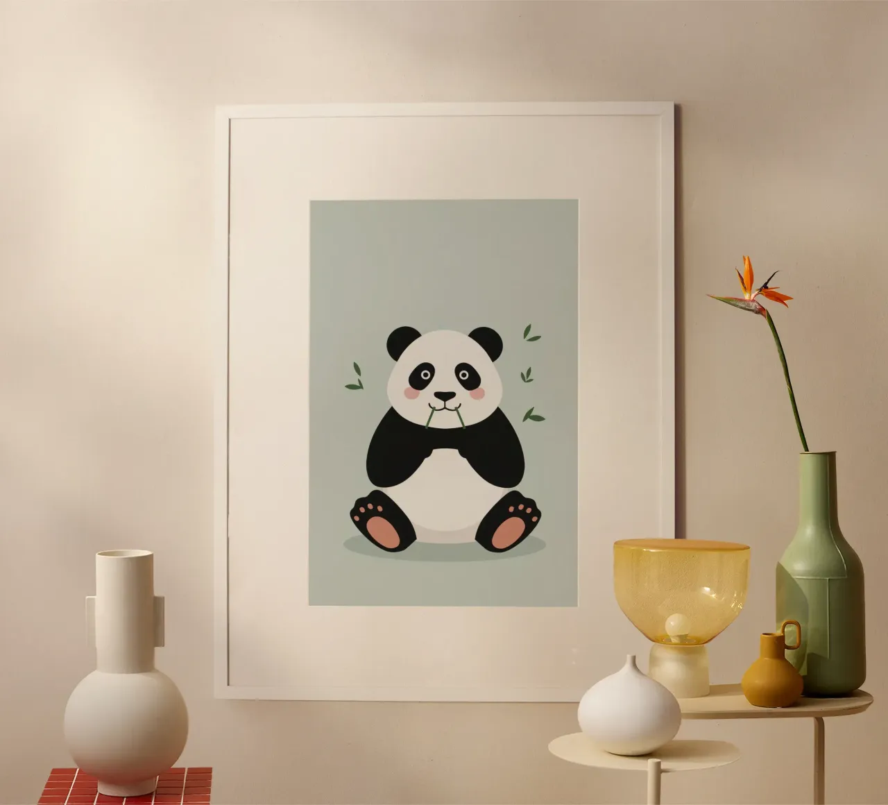 Panda con bambù su sfondo grigio-verde poster con telaio in legno da DesignDoodle