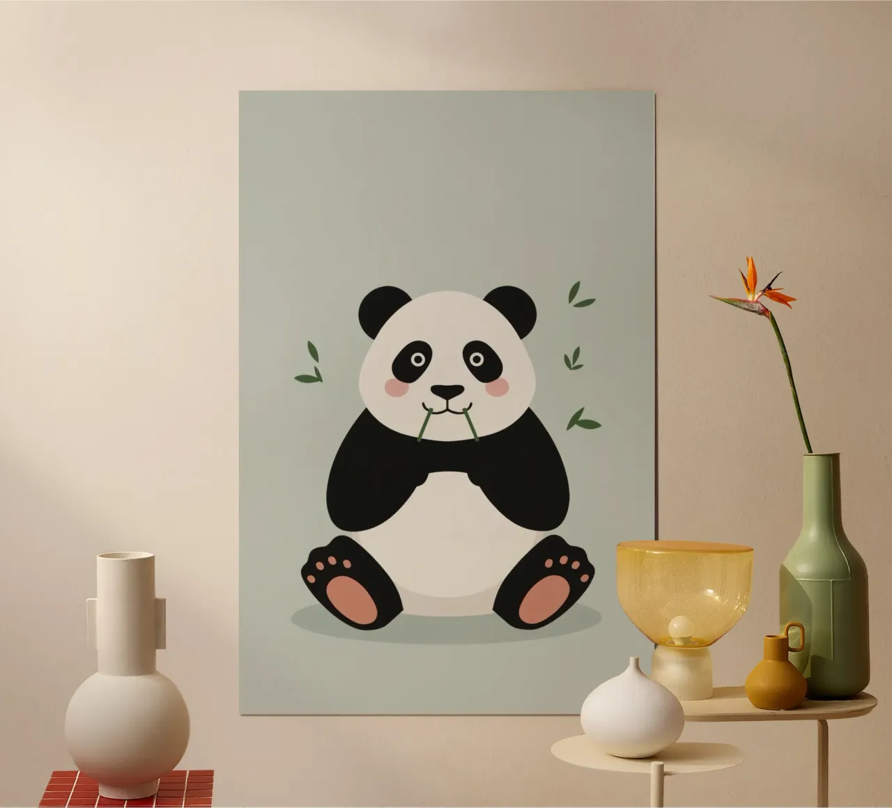 Panda con bambù su sfondo grigio-verde poster con telaio in legno da DesignDoodle