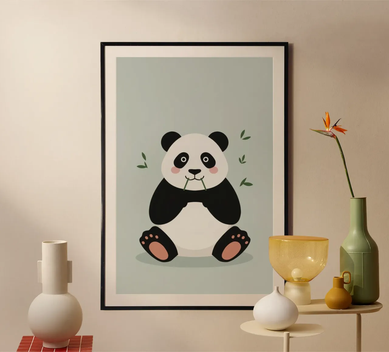 Panda con bambù su sfondo grigio-verde poster con telaio in legno da DesignDoodle
