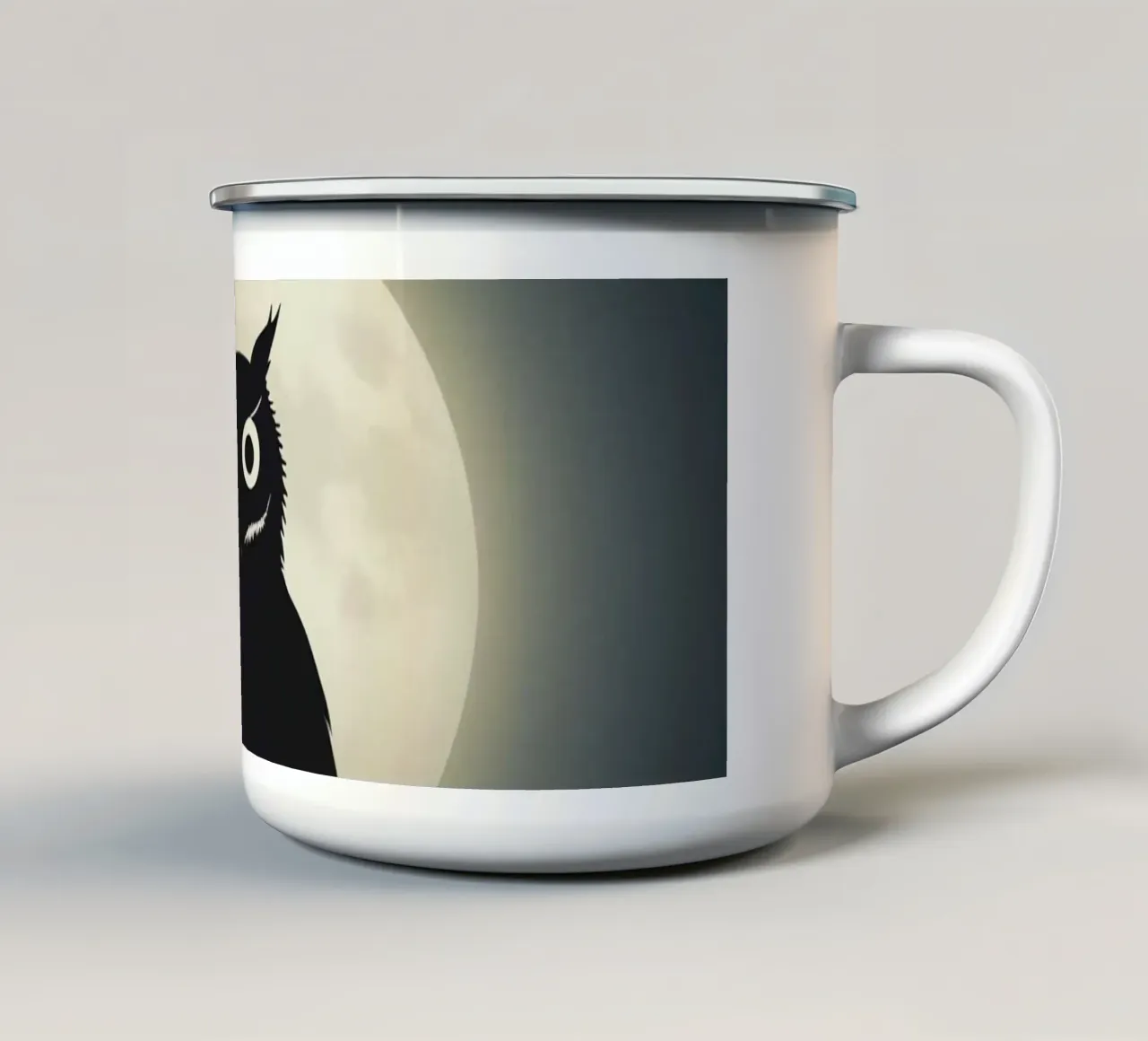 Sagoma di gufo su un ramo di fronte alla luna piena tazza in smalto da DesignDoodle
